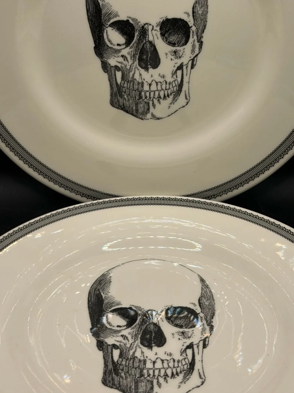 Pair Royal Stafford English Pottery Skull Plates, Skeleton Dishes Goth Tableware